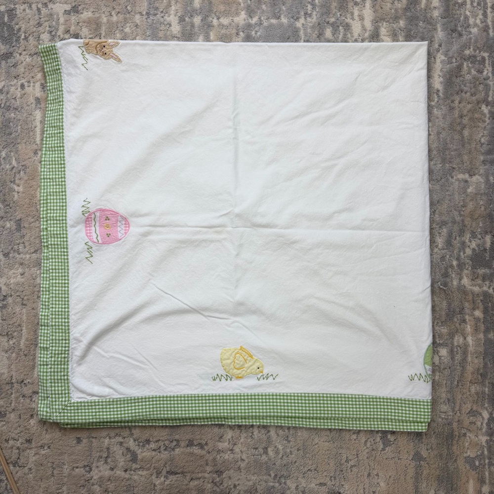 Pottery Barn Kids Easter Cotton Tablecloth Bunny Embroidered Square 60”x61”